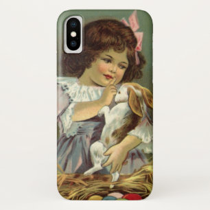Coque iPhone X Pâques vintage, fille victorienne lapin oeufs de P