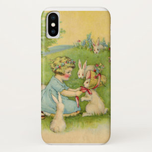 Coques Pour iPhone Pâques vintages, Bonnet fille sur lapin lapin