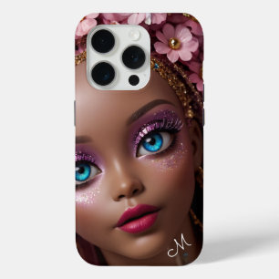 Coque iPhone 15 Pro Parties scintillant à poupée mousseuse et fleurs