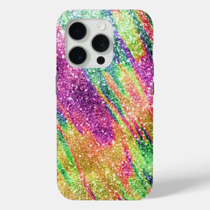 Coque iPhone 15 Pro Parties scintillant Abstraite Neon Rainbow Sparkly