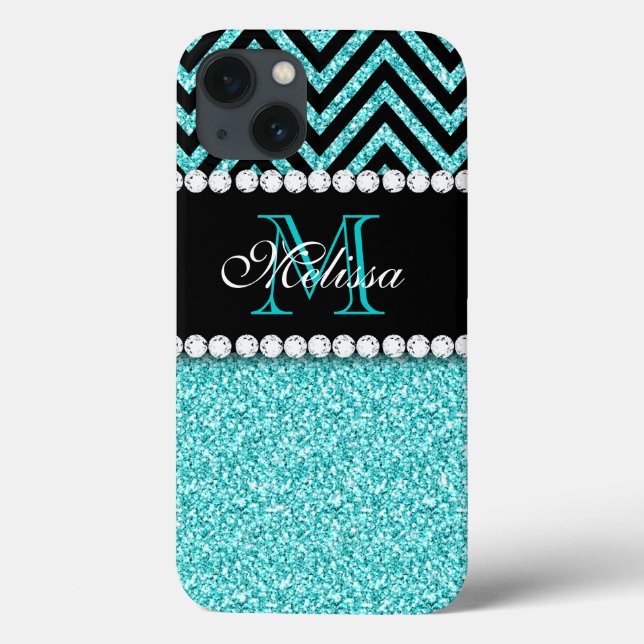 Coques Case-Mate iPhone Parties scintillant AQUA CHEVRON NOIR MONOGRAM (Verso)