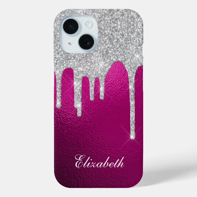Coques Case-Mate iPhone Parties scintillant argent gouttes rose chaud Glam (Verso)