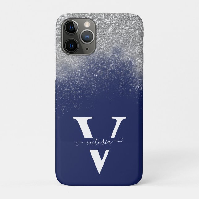Coques Case-Mate iPhone Parties scintillant Argent Marine Bleu Monogramme  (Dos)