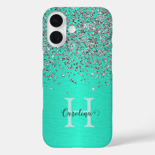 Coques iPhone 16 Parties scintillant Argent, Pinceau Acier Turquois