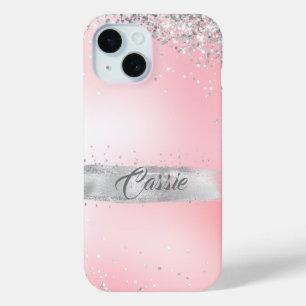 Coque Pour iPhone 15 Parties scintillant argentée Confetti rose