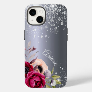 Coque Pour iPhone 14 Parties scintillant argentée fleurs nom bordeaux