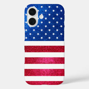 Coques iPhone 16 Parties scintillant Bleue Rouge Drapeau Patriotiqu