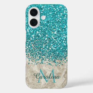 Coques iPhone 16 Parties scintillant bleue turquoise, marbre gris m