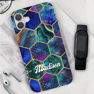 Coques iPhone 16 Parties scintillant chic en faux girly bleu turquo