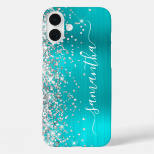 Coques iPhone 16 Plus Parties scintillant d'argent Aqua Blue Metallic Gi