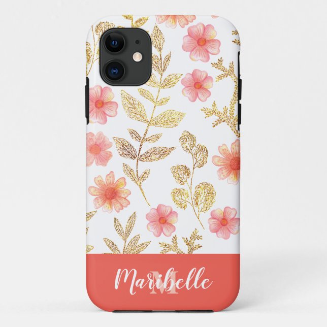 Coques Case-Mate iPhone Parties scintillant d'or Faux Monogramme floral (Dos)