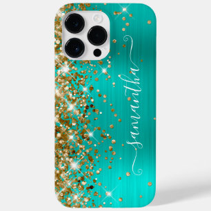 Coque Pour Pour iPhone 14 Pro Max Parties scintillant d'or Glam Turquoise Signature