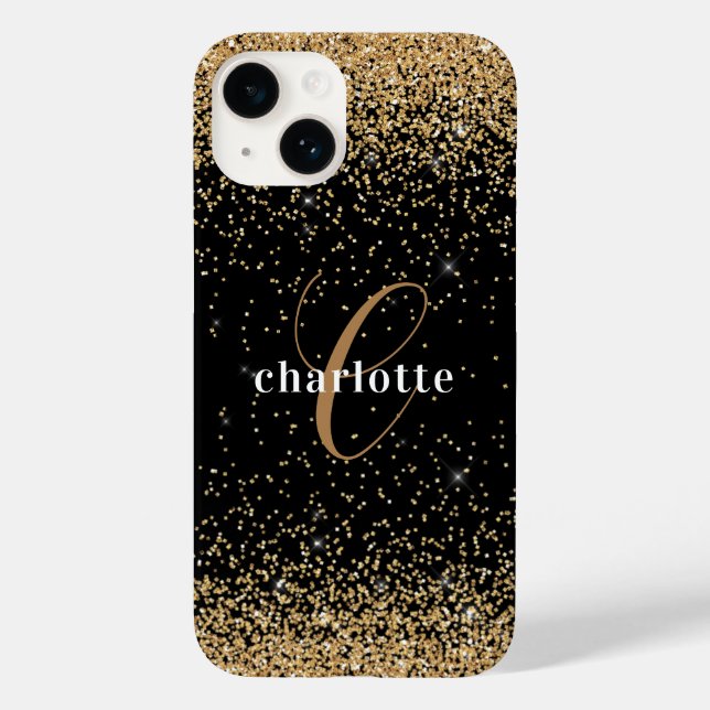 Coques Case-Mate iPhone Parties scintillant d'or noir moderne Monogramme N (Verso)