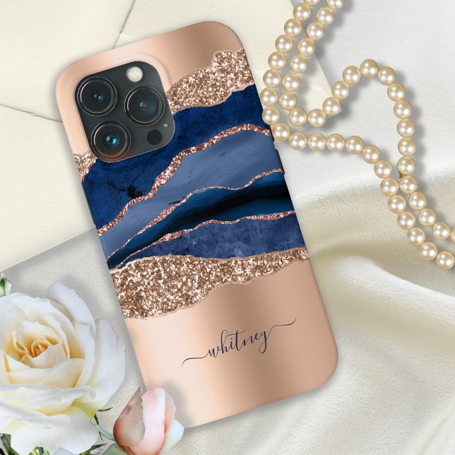 Coques Case-Mate iPhone Parties scintillant d'or Rose en marbre bleu moder (Créateur téléchargé)