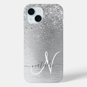 Coque Pour iPhone 15 Parties scintillant en métal brossé argenté Nom du