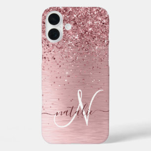 Coques iPhone 16 Plus Parties scintillant en métal brossé rose pâle Nom