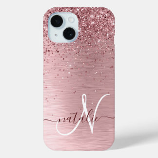 Coque Pour iPhone 15 Parties scintillant en métal brossé rose pâle Nom