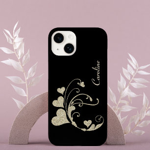 Coque Pour iPhone 14 Parties scintillant Gold Heart Faux sur Black