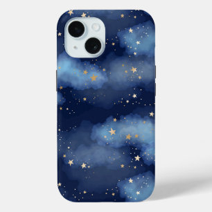 Coque Pour iPhone 15 Parties scintillant Gold Stars Dark Blue Sky Motif