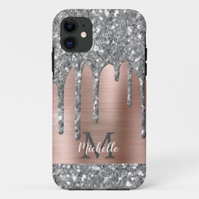 Coques Case-Mate iPhone Parties scintillant gris argent monogramme gouttes (Dos)