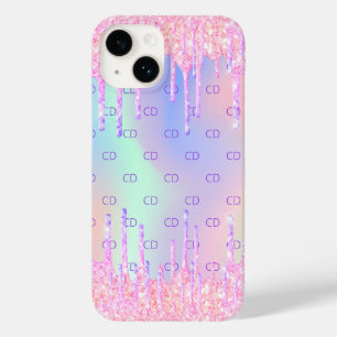 Coque Pour iPhone 14 Parties scintillant holographique rose gouttes mon