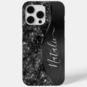 Coque iPhone 15 Pro Max Parties scintillant noire métallique personnalisée