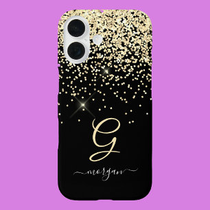 Coques iPhone 16 Parties scintillant or & Monogramme Nom de script 