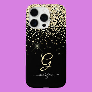 Coques iPhone 16 Pro Parties scintillant or & Monogramme Nom de script 