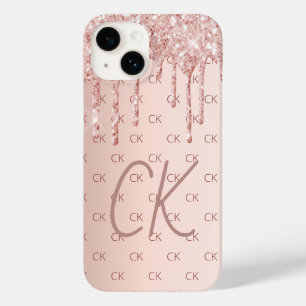 Coque Pour iPhone 14 parties scintillant or rose gouttes monogramme ini