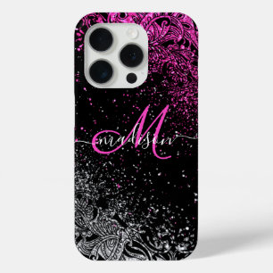 Coque iPhone 15 Pro Parties scintillant rose et blanc Monogramme