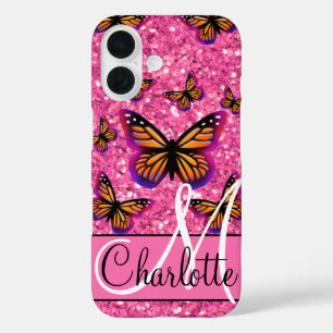 Coques iPhone 16 Parties scintillant rose étincelante, papillons ro