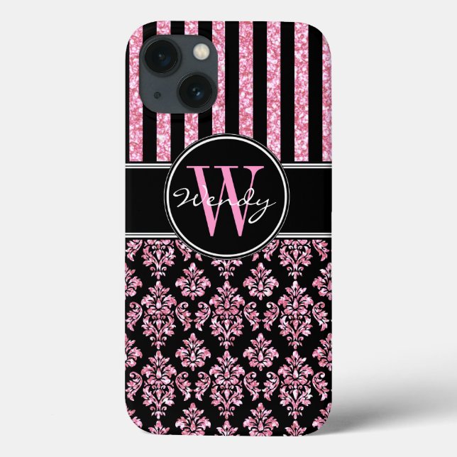 Coques Case-Mate iPhone Parties scintillant rose imprimé noir Damas Votre  (Verso)