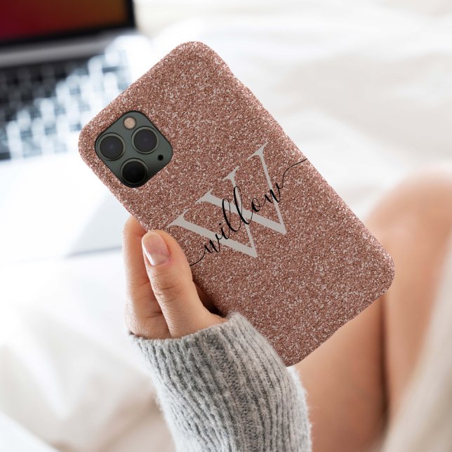 Coques Case-Mate iPhone Parties scintillant Rose or Monogramme (Elegant girly rose gold glitter with a white and black monogram for this modern case.)