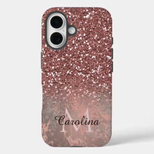Coques iPhone 16 Parties scintillant rose or rose, Marbre gris, Per