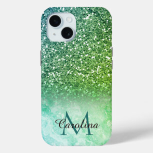 Coque Pour iPhone 15 Parties scintillant verte, Marbre, Personnalisé