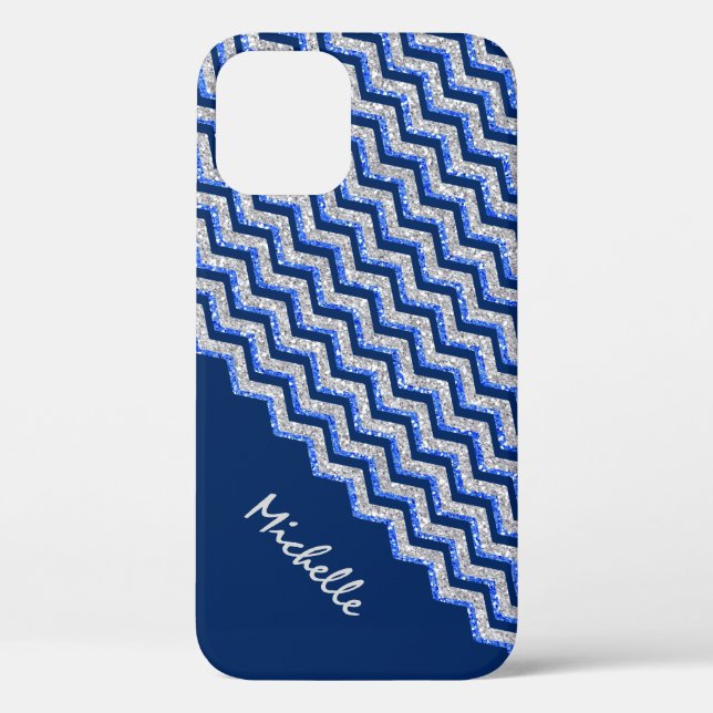 Coques Case-Mate iPhone Parties scintillantes argentées bleues Chevron (Verso)