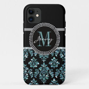 Coques Pour iPhone Parties scintillantes bleues imprimées, damassé
