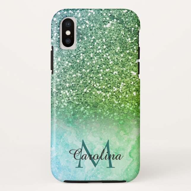 Coques Case-Mate iPhone Parties scintillantes vertes, marbre, personnalisé (Dos)