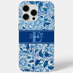 Coque iPhone 15 Pro Max Pastel Blue Vintage chinois Fleur Motif Nom