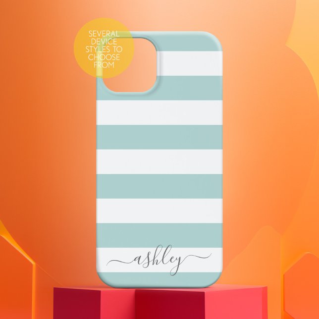 Coques Case-Mate iPhone Pastel doux Turquoise blanc rayé Motif gris Script (Personalized Phone Case with Custom Text)