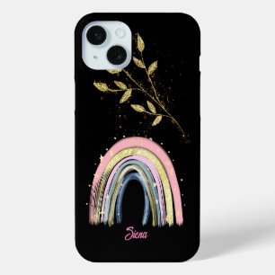 Coque iPhone 15 Mini Pastel Rainbow Et Plante Or