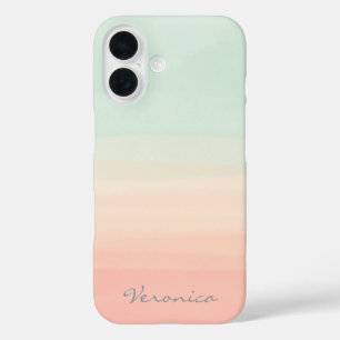 Coques iPhone 16 Pastel Watercolor Stripes Sea Glass and Peach Name