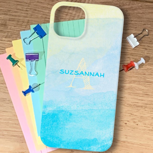 Coques Case-Mate iPhone Pastel Yellow Blue Aquarelle Monogramme Nom Person (Créateur téléchargé)