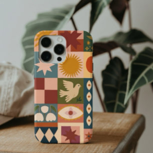 Coque iPhone 15 Pro Patchwork céleste bohémien avec symboles mystiques