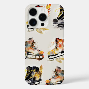 Coques iPhone 16 Pro Patins à glace aquarelle avec motif de feuilles d'