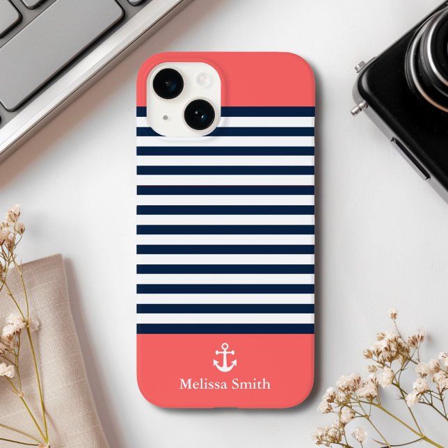 Coques Case-Mate iPhone Pattern Navy blue and white bands Orange (Créateur téléchargé)