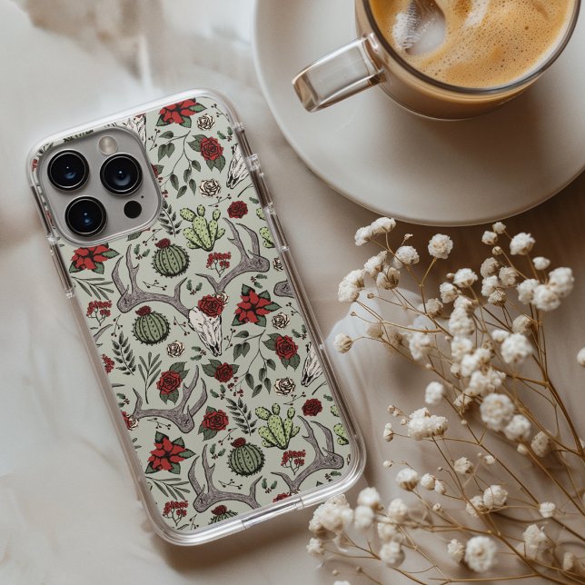 Coques Case-Mate iPhone Pays Ouest Noël Floral Cerf Tête Crâne (Chic Country Western Xmas Reindeer Head Skull, Red Roses, Poinsettias, Cacti, Festive Holly Berries.)