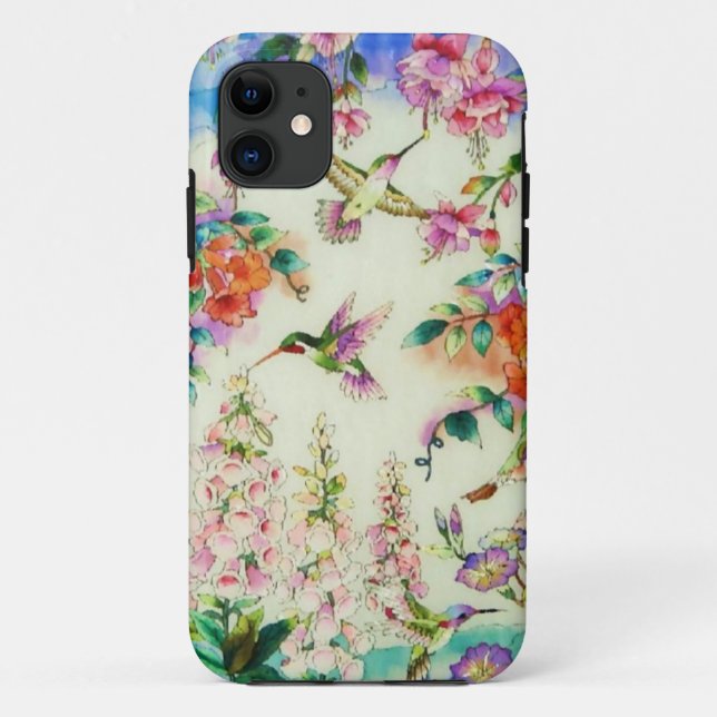 Coques Case-Mate iPhone Paysage de colibris et de fleurs. (Dos)