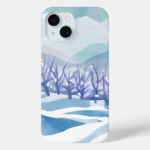 Coque Pour iPhone 15 Paysage hivernal peinture à l'aquarelle bleue enne
