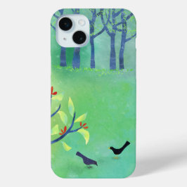 Coque iPhone 15 Mini Paysage moderne Oiseaux et arbres
